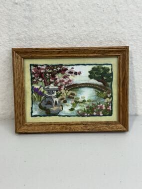 VTG Miniature Framed Handmade Crewel Art Asian Pagoda Chinoiserie Garden Bridge